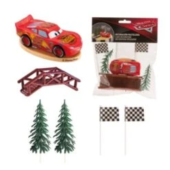 DeKora Tortendeko Set Cars Mit Lightning McQueen Kerze, Brücke, Fahnen Und 2 Bäumen